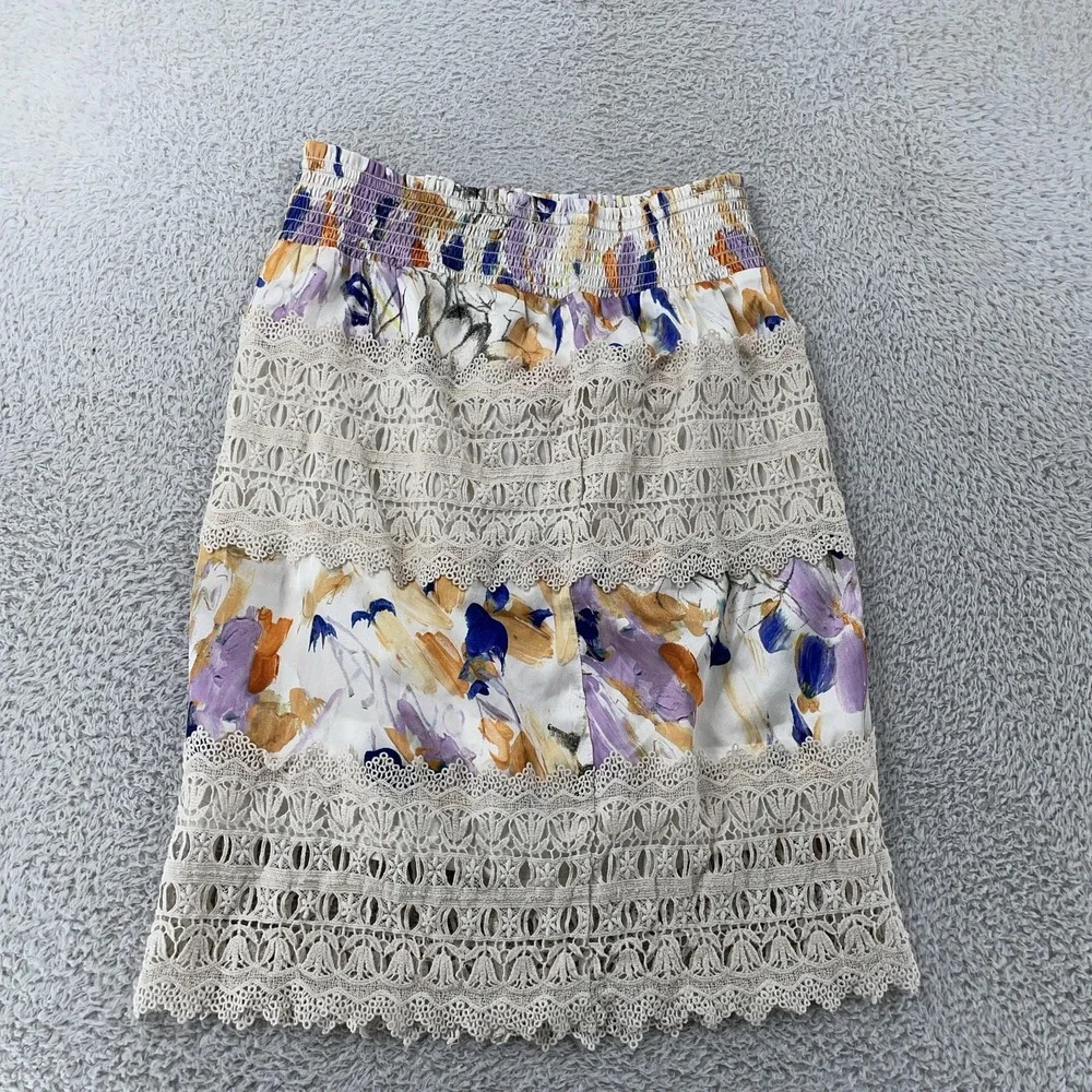 Anthropologie SAMPLE Boho Lace Crochet Floral Skirt Womens S Smocked Waist Lined